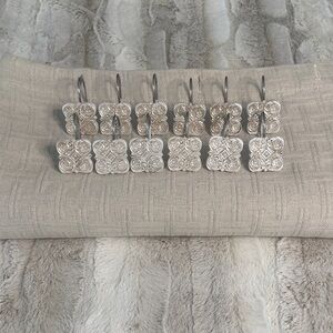 Fieldcrest Cream Linen Textured Shower Curtain with Decorative Gold Hooks
